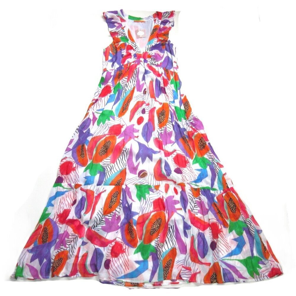 NWT Oliphant Ruffle V-Neck Maxi in Papaya Orange Red Cotton Silk Dress M